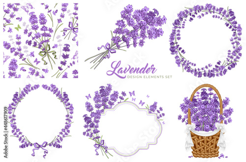 Set of vintage floral design elements with lavender flowers. Circle frame, seamless pattern, bouquet, label template and flowers in the basket. Vector illustration.