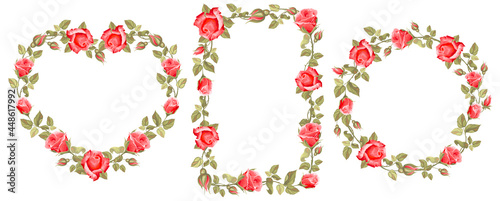 Set of vintage floral frames with red roses, buds, leaves. Circle frame, heart shape, rectangular frame. Vector illustration.
