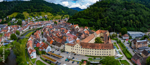 Aerial view of the city Wolfach in Germany in the black forest on a sunny day in spring. 