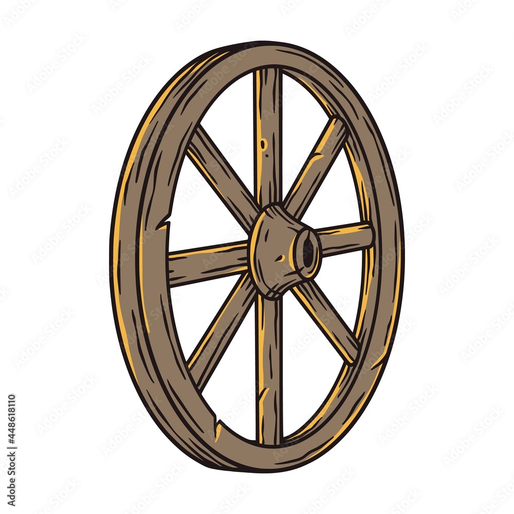 Vintage wheel for antique design. Old element transport or ancient wagon for decoration fair, partyand holiday. Obsolete retro circle for happy halloween