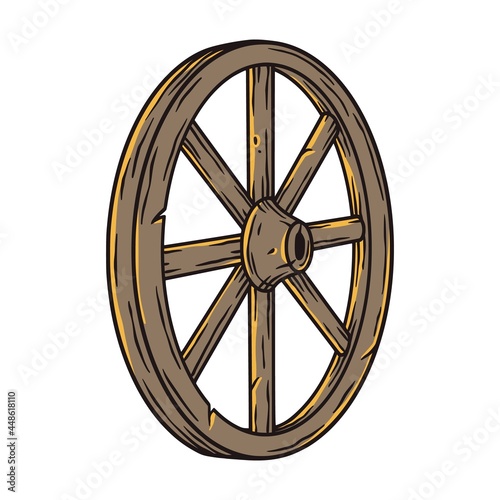 Vintage wheel for antique design. Old element transport or ancient wagon for decoration fair, partyand holiday. Obsolete retro circle for happy halloween