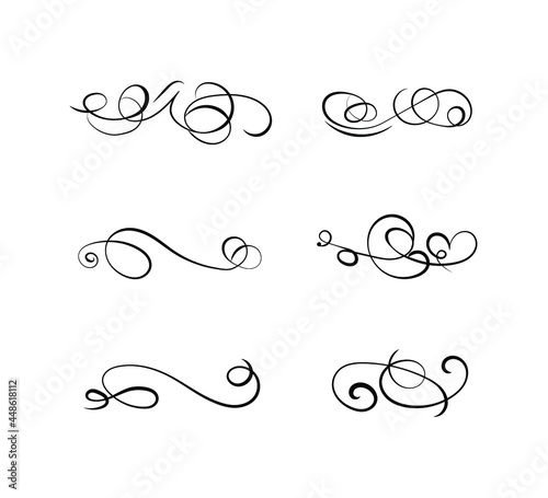 Vector swirl lines set on white background, black lines, flourish frames, filigree elements. 