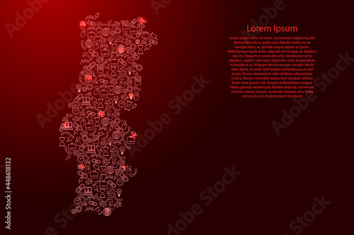 Portugal map from red and glowing stars icons pattern set of SEO analysis concept or development, business. Vector illustration.