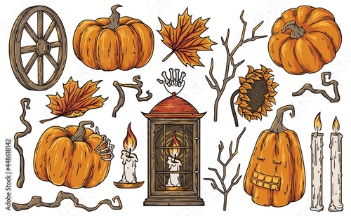 Halloween set of holiday elements for spooky mystery graphic design of evil horror party. Fear pumkin, candle and lantern for happy witchcraft halloween night