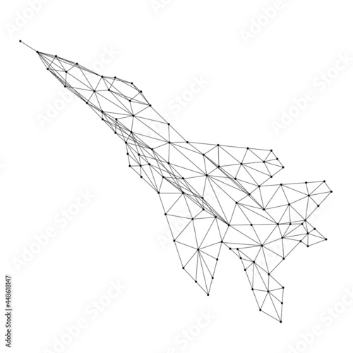 Fighter jet plane taking off, from abstract futuristic polygonal black lines and dots. Vector illustration.
