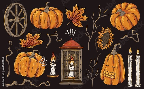 Halloween set of holiday elements for spooky mystery graphic design of evil horror party. Fear pumkin, candle and lantern for happy witchcraft halloween night