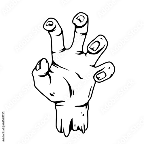 Zombie hand or hand walking dead for halloween design. Fear or horror spooky skeleton of happy halloween for design dark party