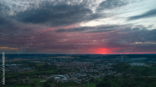 Aerial view of a german city near stuttgart. Sunset with beautiful cloudy sky. Germany  Nurtingen.