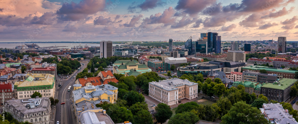 Aerial View of Tallinn business center. Panoramic view of Tallinn.