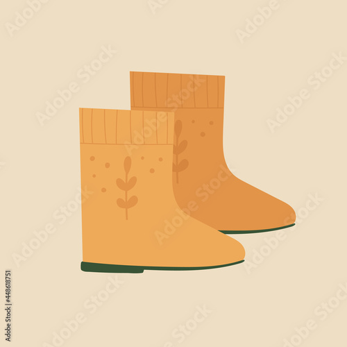 Yellow rubber boots icon. Cozy autumn symbol. Waterproof shoe for rainy weather, fishing and gardening concept. Vector illustration in cartoon style. Isolated on white background.