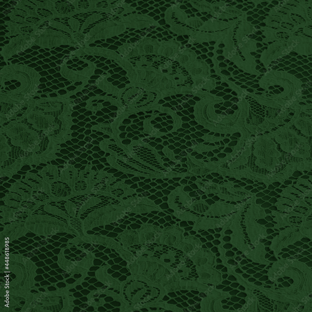 Dark green lace fabric with a floral ornament. A feminine background in a vintage style. Dark green lace fabric with a floral ornament. A feminine background in a vintage style.