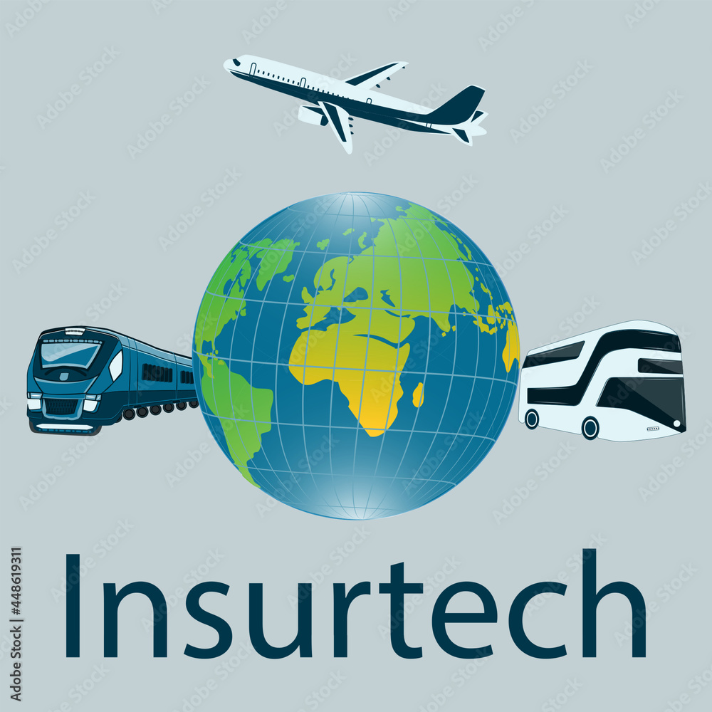 Train, plane, bus, globe - vector. Travel insurance technology. Insurtech concept.