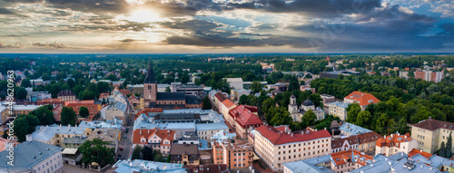 Cityscape of Tartu town in Estonia. Aerial view of the student city of Tartu. Summer evening view.