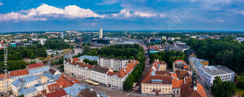 Cityscape of Tartu town in Estonia. Aerial view of the student city of Tartu. Summer evening view.