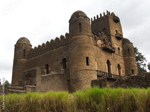 Closeup landscape of old medieval castle Fasil Ghebbi in Gondar, Ethiopia photo