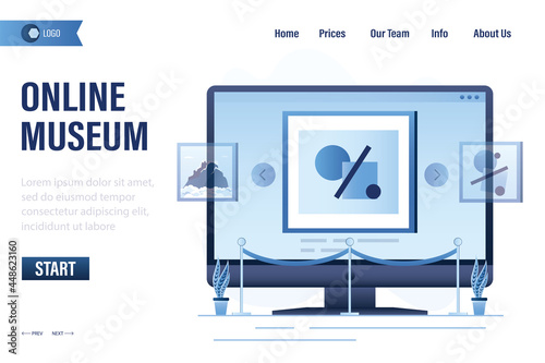 Online gallery, landing page template. Virtual museum on monitor screen. Website with works of art. Interactive museum exhibition.