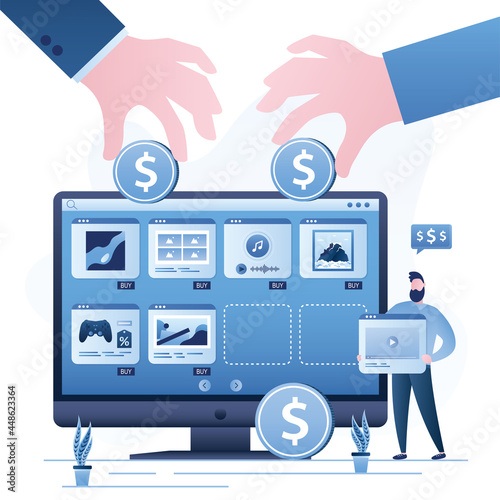 Businessman or designer sells media content online. Buyers hands gives dollar coins. Internet shop with various artworks, music and art masterpieces.
