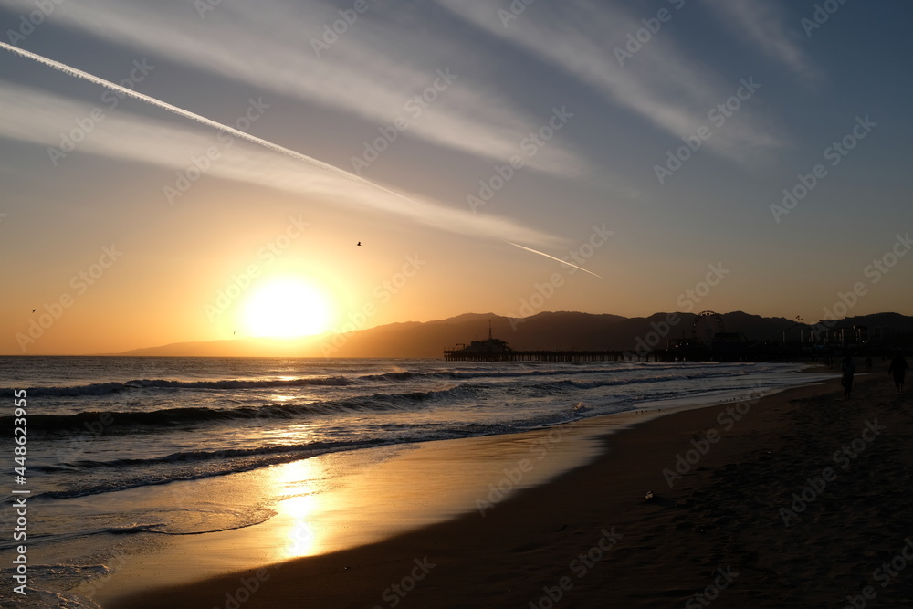 Sunset at Santa Monica Beach, California. 