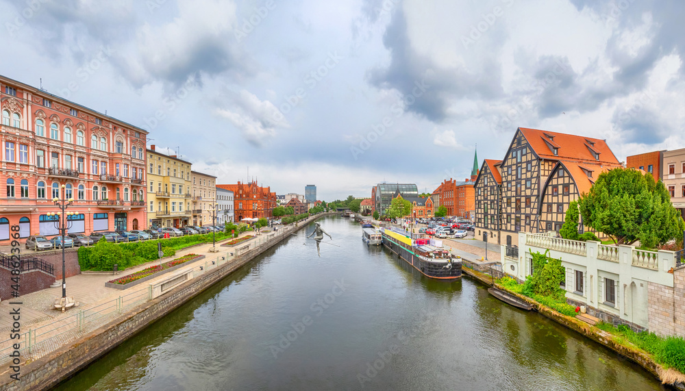 Panoramic view of Bydgoszcz, Poland. Brda river and buildings of old town

