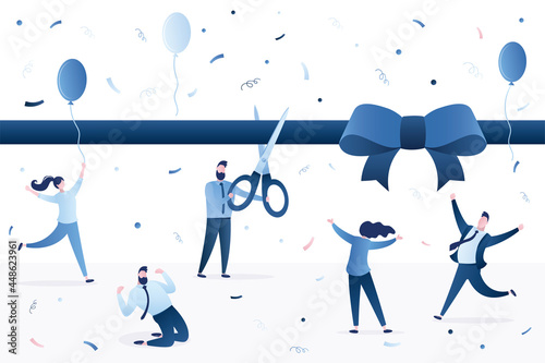 Ribbon cutting ceremony, boss with scissors. Businessman starting business project. Grand opening event. New product, startup launching.