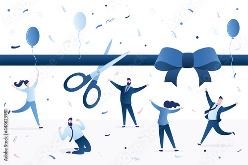 Ribbon cutting ceremony, huge scissors cut tape. Business people starting new project. Grand opening event party. Startup launching.