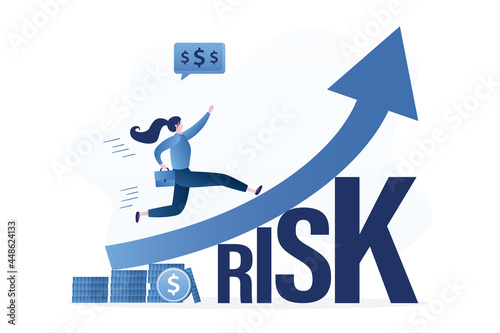 Confident smart female investor run on grow up stock market graph above word Risk. High risk high return stock market investments.