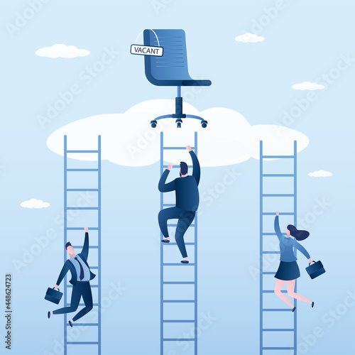 Office chair standing on cloud. Vacancy, applicants climb stairs to new job. Career ladder concept. Business chair vacant sign. Recruitment banner,