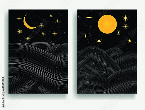 Poster with wavy lines background . Ocean, moon and starry night . Asian style  . Trendy brochure . Vector illustration .