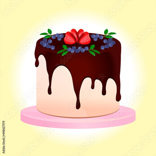 Cake with chocolate glaze and ripe berries. Vector illustration