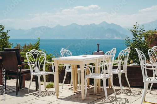 A table in a restaurant or a summer cafe on the sea coast of Antalya  Turkey. Place in a restaurant with a wonderful sea view.