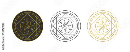 Round Esoteric Symbol with the sun. Magical Occult Sign for an icon or button. Set of Vector illustrations on a black and white isolated background