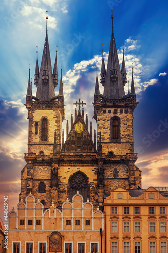 Prague. Tyn Cathedral of the Virgin Mary at sunset