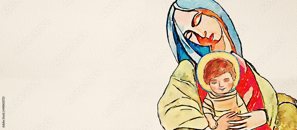 Virgin Mary and child Jesus. Watercolor christian banner - obrazy, fototapety, plakaty 