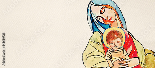 Virgin Mary and child Jesus. Watercolor christian banner