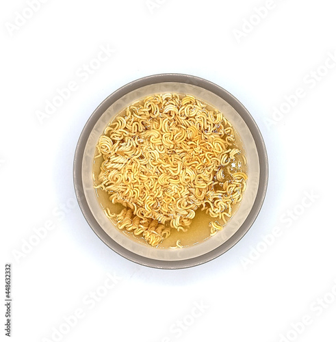 top view of Instant noodles in bowl isolated on white background