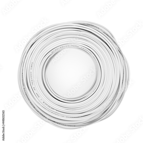 Top view of pile of coaxial cable isolated on white background