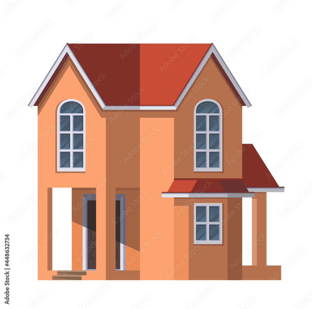 Vector house with red roof on white background.