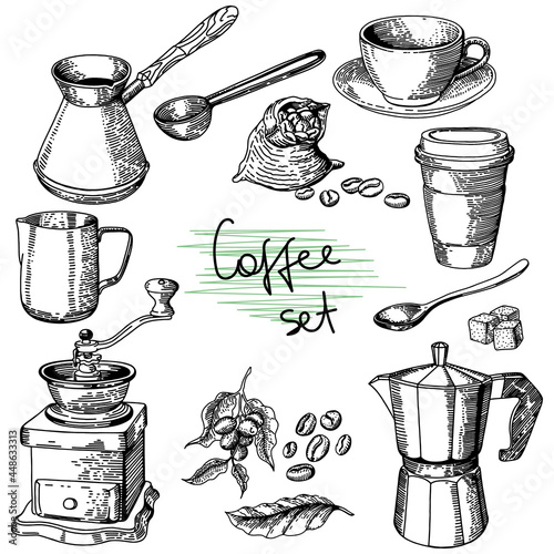 vector set of coffee sketch, freehand drawing, cup, coffee grinder, grains and other items