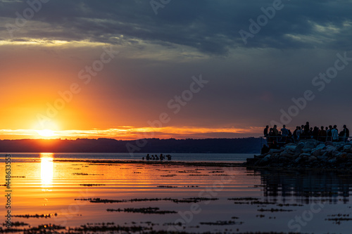 unrecognizable group of students celebrating the end  of the school year with a dive in the sea during sunset