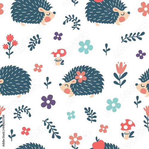 Seamless childish floral pattern of  hedgehogs, chia dots and flowers. Trendy scandinavian kids vector background for wrapping paper, textile, fabric, invitation, nursery