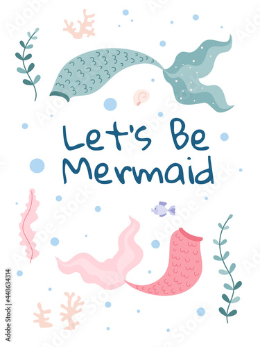 Card or poster with mermaid tails in underwater world, flat vector illustration