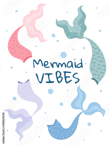 Vector beautiful poster with color mermaid tails and lettering.