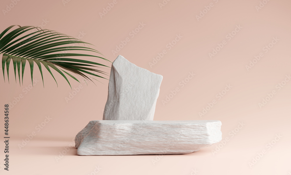 Stone product display podium with nature leaves on pink background. 3D rendering Stone product display podium with nature leaves on pink background. 3D rendering