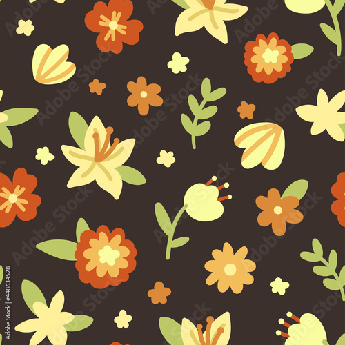 cute vector seamless pattern with cartoon flowers. it can be used as wallpaper, poster, print for clothing, fabric, textiles, notebooks, packaging paper. floral brown background. © Anna