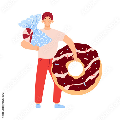 Happy young man with sugar addiction hold sweets a vector illustration