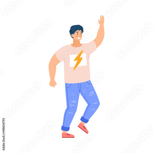 Positive cheerful young male person having fun at party or greeting someone.