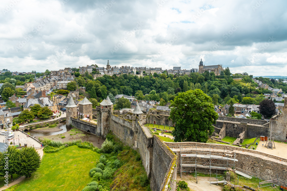 Interior of the castle of Fougeres and the city in the background. Brittany region, Ille et Vilaine department, France