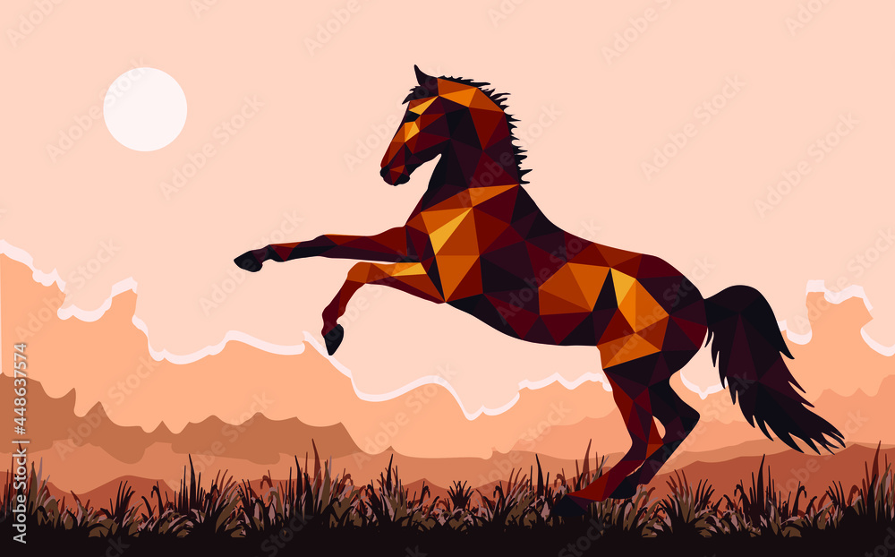 galloping horse in the field, image in the low poly style galloping horse in the field, image in the low poly style
