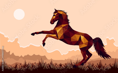 galloping horse in the field,  image in the low poly style