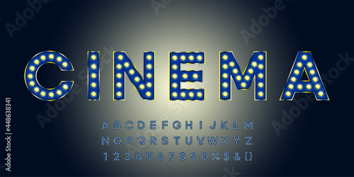 Blue shining marquee alphabet with numbers and warm light. Vintage illuminated letters for text logo or sale banner